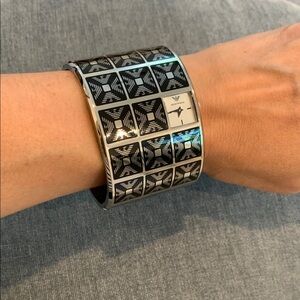Vintage Emporio Armani Geometric Black and Silver Watch Cuff Bracelet